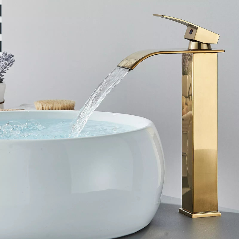 Clynt Modern Bathroom Sink Faucet Waterfall Tall Single Lever Handle Single Hole Mono Basin Mixer, Brushed Gold