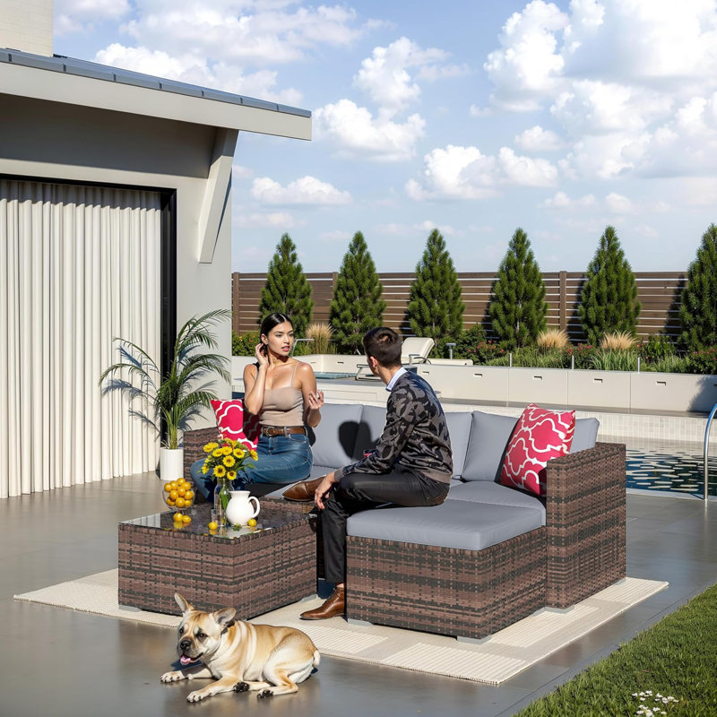 Ensemble de conversation 5 pièces pour patio modulaire en osier brun / gris clair, Gris, Brun