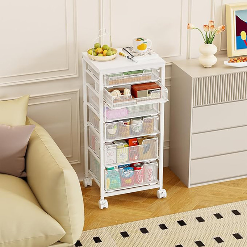 Chariot utilitaire roulant 6 tiroirs, chariot de rangement roulant avec plateau en bois, chariot de rangement sur roulettes verrouillables, chariot de bricolage pour chambre à coucher, salle de classe, bureau, blanc