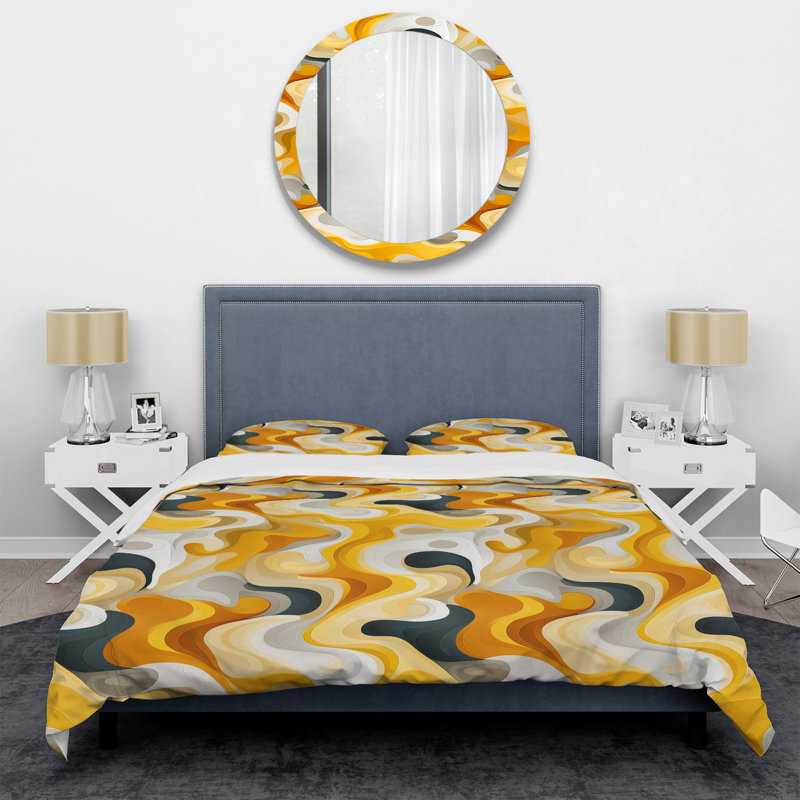 Ensemble de housse de couette abstrait jaune et blanc Mid-Century Waves Fusion II - microfibre de polyester