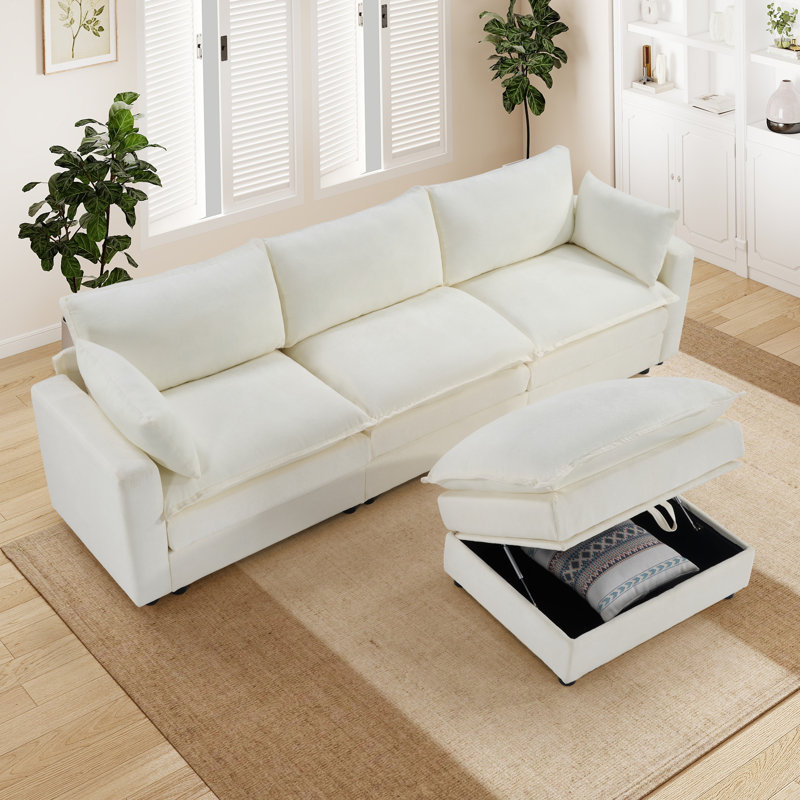 3 Piece Modern Chenille Upholstered Sectional With Storage Ottoman, White Chenille