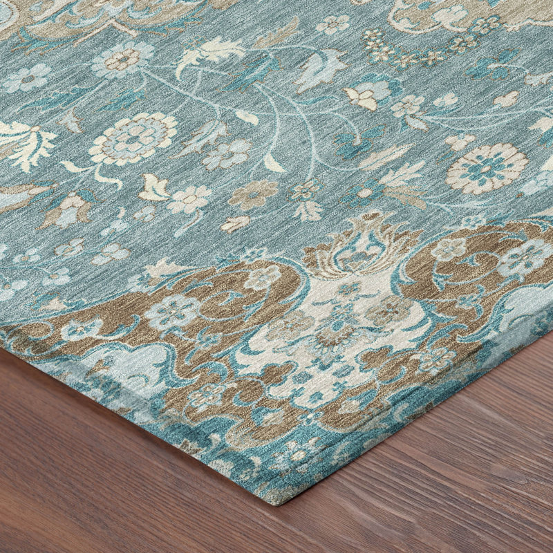 Tapis damassé intérieur / extérieur lavable à la machine ACN2611, Bleu sarcelle, 10 pi x 14 pi
