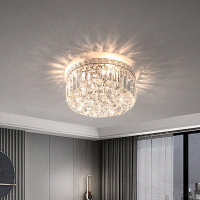 Chrome 4-Light Round Modern Ceiling Lights Elegant Pendant Lamp Crystal Flush Mount Chandelier Light Fixture With K9 Crystals For Bedroom,Hallway,Bar,Living Room,Dining Room,H5.9Inch Xw13.7Inch(Bulbs Not Included)