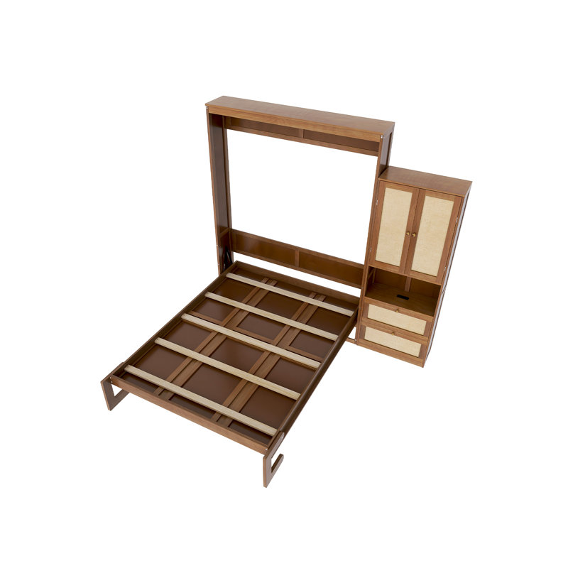 Lit escamotable avec cadre en bois et rotin, Noyer, Grand