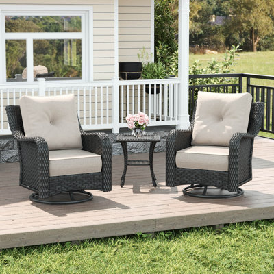  3 Piece Wicker Outdoor Furniture Set with 6-inch Comfy Cushions, High Back Patio Furniture Set with Swivel Rocking Chairs and Side Table