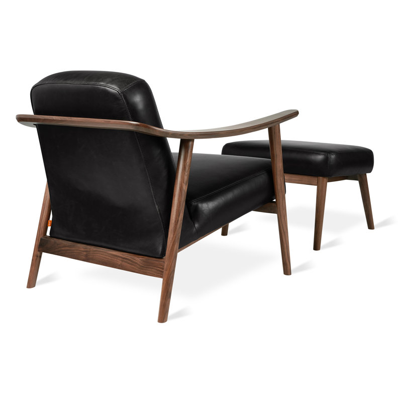 Baltic Armchair with Ottoman, Saddle Black Genuine Leather, Ash Natural