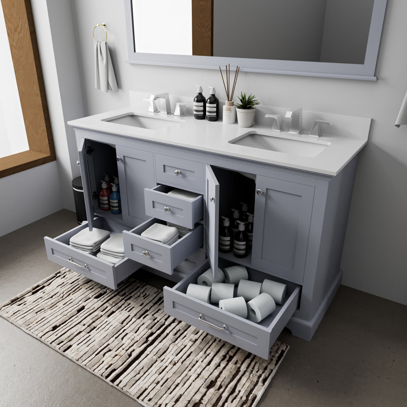 Dukes 60 in. W x 22 in. D Double Bath Vanity, and 58 in. Mirror, Dark Gray, White Quartz