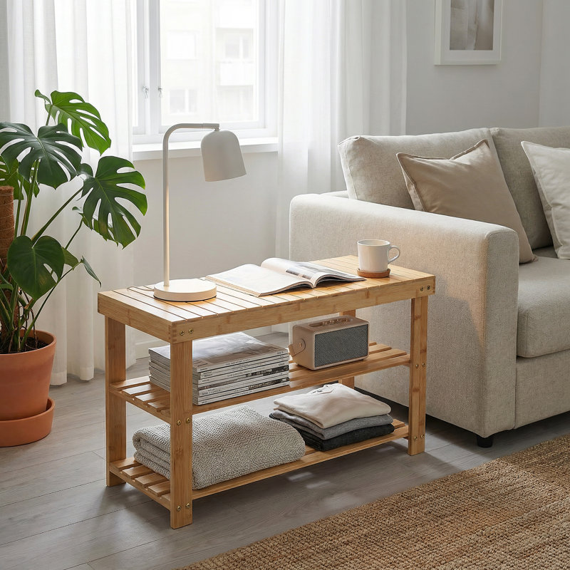 Bamboo Shoe Bench 90cm - Three-Layer Shoe Rack, Wooden Shoe Storage, Entryway Shoe Bench, Modern Shoe Rack, Natural Wood