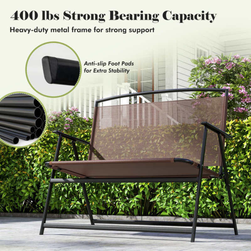 Brown Metal Foldable 2-Person Outdoor Garden Bench with Backrest and Armrests