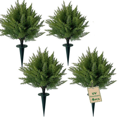 4 Pack Artificial Cedar Topiary, 15in Dia UV Resistant Artificial Shrubs, with Ground Spikes, Indoor and Outdoor Fake Evergreen Tree for Porch, Garden, Front Door Decoration