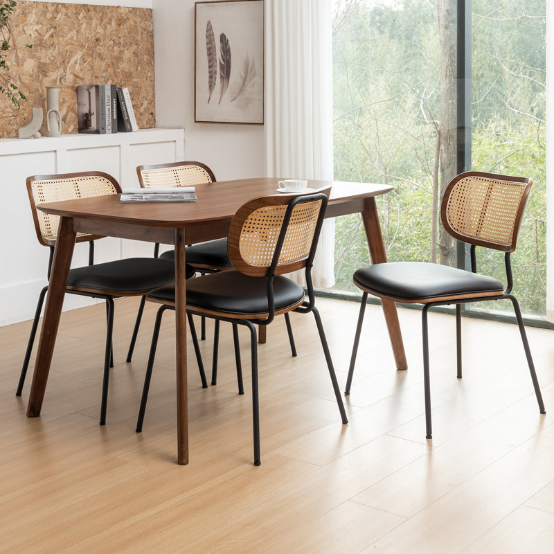 Chaise de salle à manger en cuir avec dossier en rotin Basilina (ensemble de 4), Noir