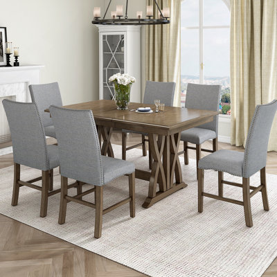Mid-Century Solid Wood 7-Piece Dining Table Set Extendable Kitchen Table Set