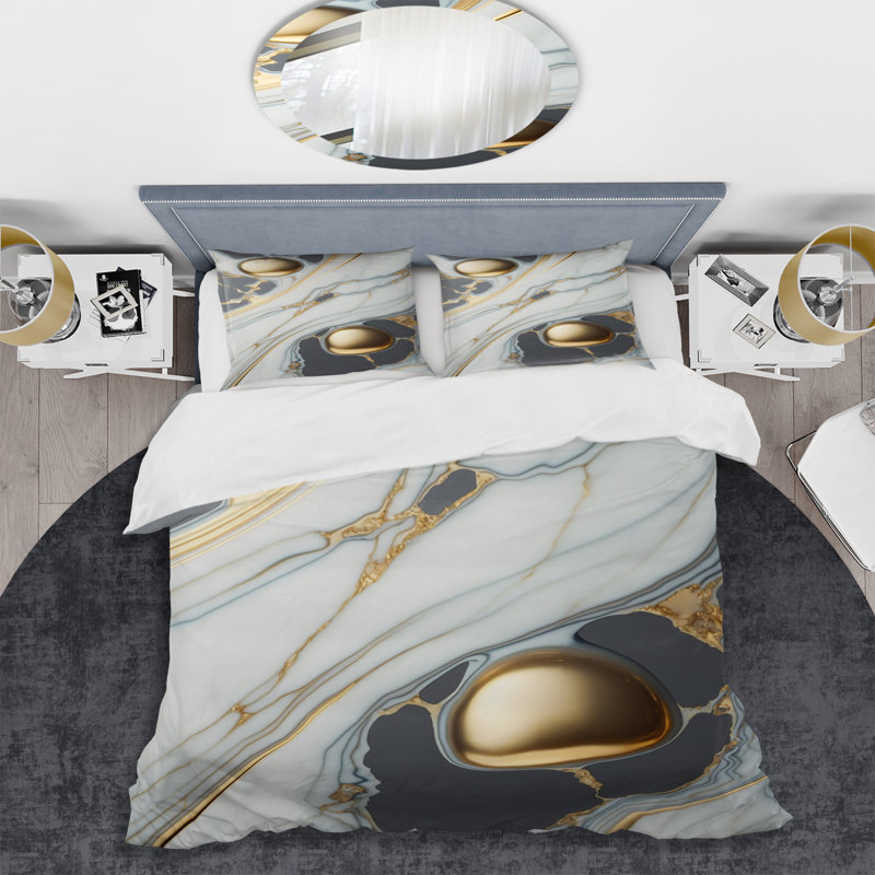 Ensemble de housse de couette en microfibre / polyester Abstract Geode Gold and White Marble IV