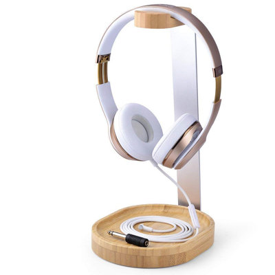 Support en bois et aluminium pour support d'écouteurs avec support de câble, support de bureau robuste pour casque d'écoute