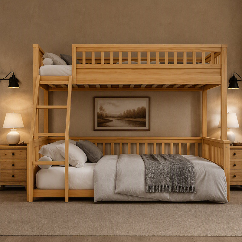 Lit simple superposé au-dessus de grand lit simple avec échelle et garde-corps, conception compacte et amovible pour les familles