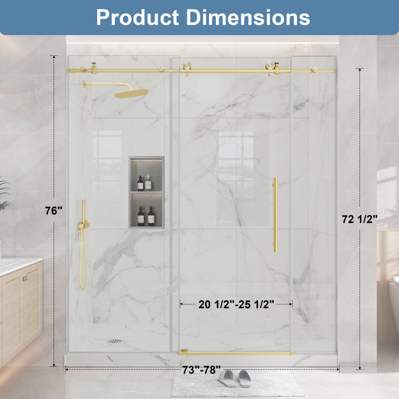Porte de douche coulissante sans cadre 73 "à 78" x H 76 "en or brossé avec verre trempé transparent 1/4", 3 panneaux de verre