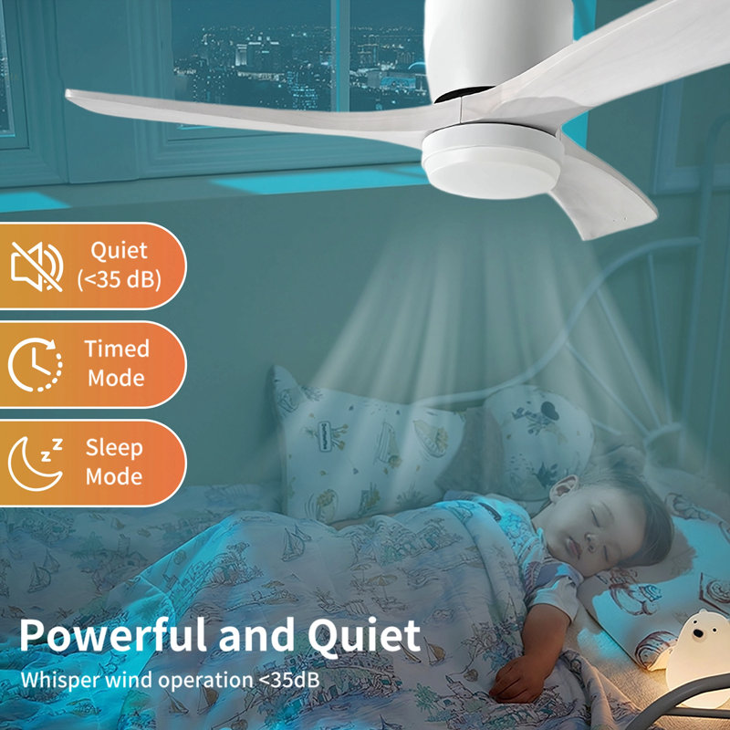 42" Solid Wood Ceiling Fan With Light-Flush Mount, Dc Motor ( Pale White Washed Walnut), Antique White, Antique White