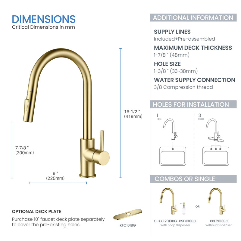 KIBI Circular Pull Down Kitchen Faucet, Brushed Gold