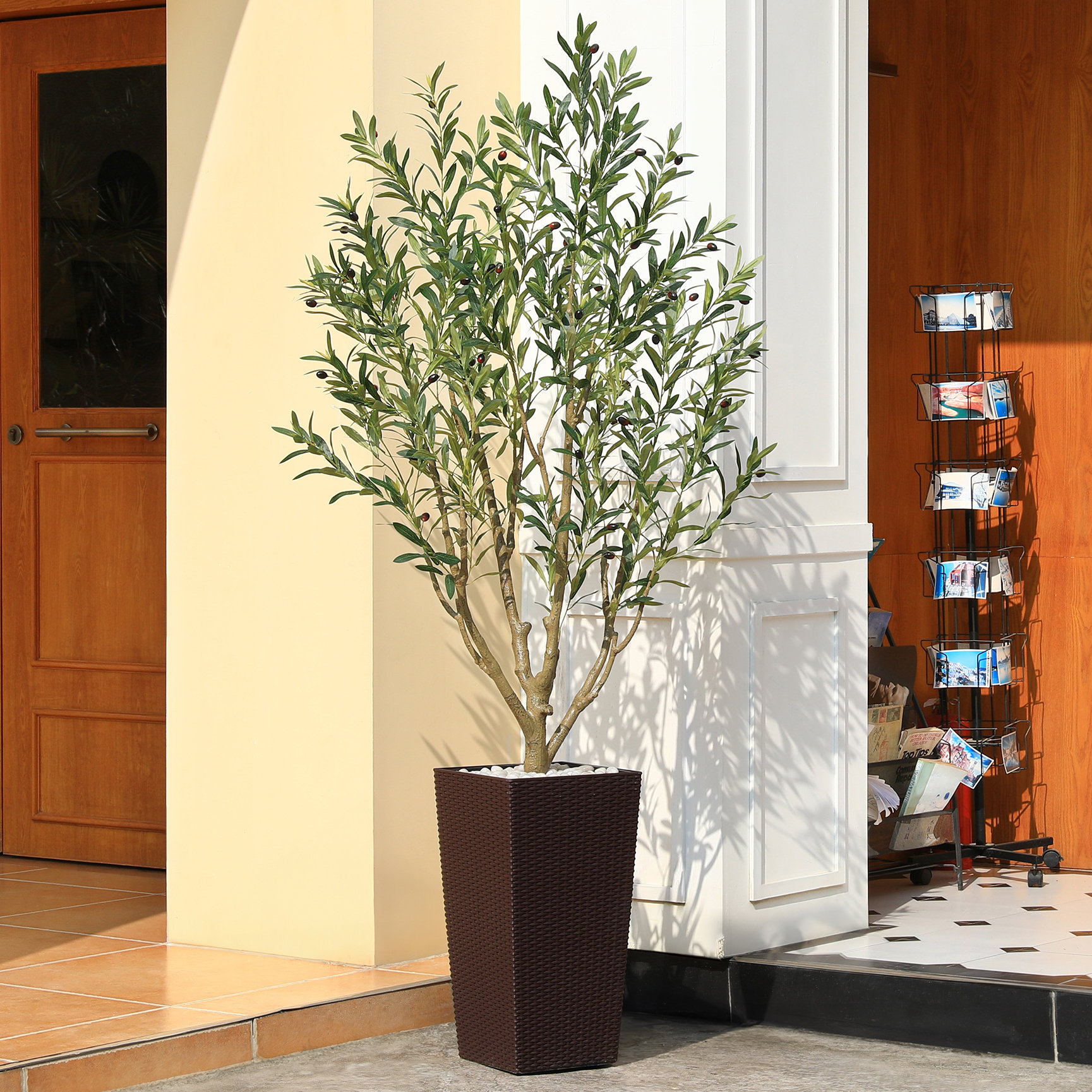 Primrue Adcock Faux Olive Tree UV Resistant with Tall Planter ...