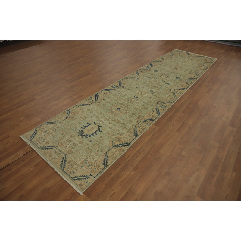 Tapis de couloir vert teint à la main Oushak 3 x 12