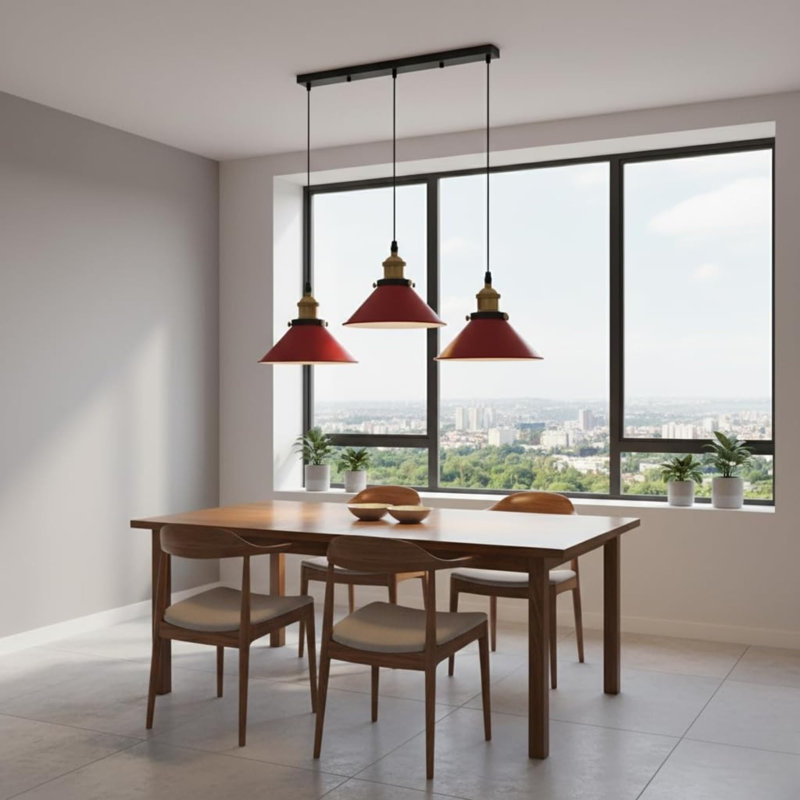 Luminaire suspendu vintage réglable à 3 voies avec base rectangulaire pour îlot de cuisine, salle à manger, Rouge