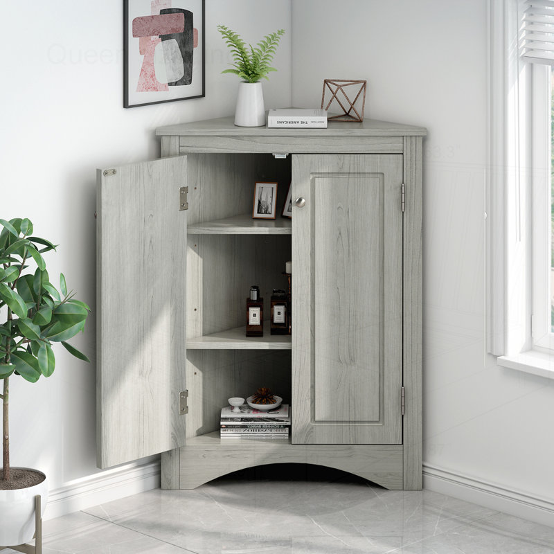 Armoire de rangement triangulaire pour salle de bain avec tablettes réglables, Chêne