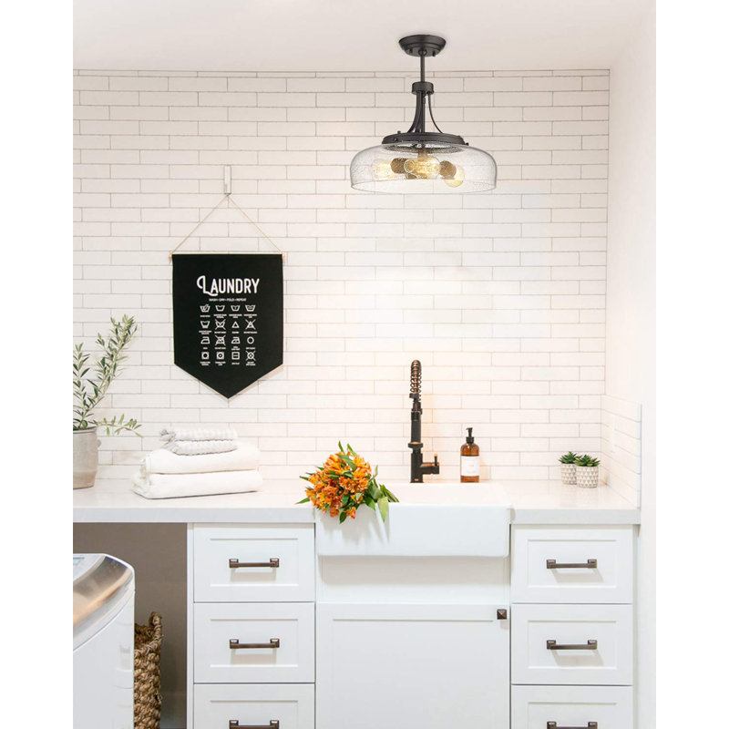 Farmhouse Semi Flush Mount Ceiling Light Fixture, 3-Light Industrial Pendant Light In Oil Rubbed Bronze Finish With Clear Seeded Glass Shade,Oil-Rubbed Bronze