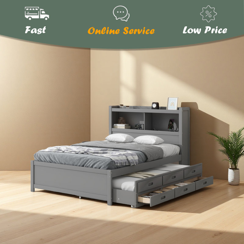 Lit plateforme double avec lit gigogne, tiroirs et prises USB, Gris
