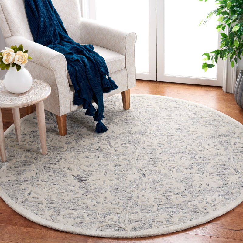 Tapis floral gris / ivoire en laine touffeté à la main Abdouallah, Rond 6 pi