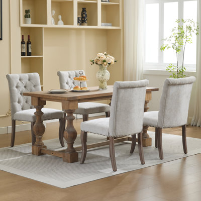 Beige Upholstered Dining Chairs Set of 2, Button Tufted Parsons Dining Chairs with Solid Wood Legs, Modern Chenille Fabric Side Chair for Dining Room, Kitchen ,Living Room, Beige