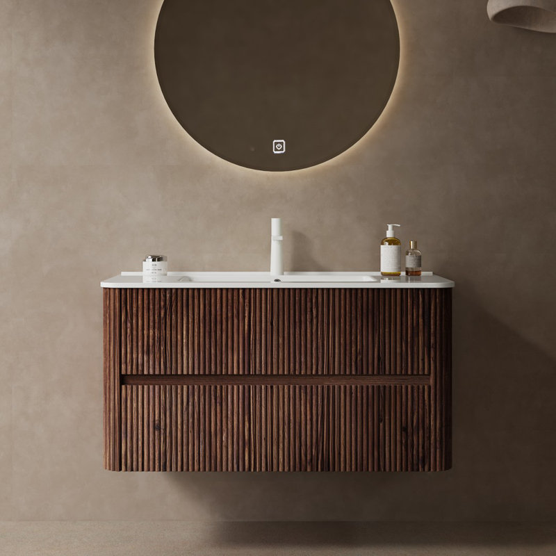 Meuble-lavabo en bois massif rayé avec lavabo, armoire de salle de bain flottante murale moderne en contreplaqué, cuve en céramique blanche, pré-assemblé, noyer rétro