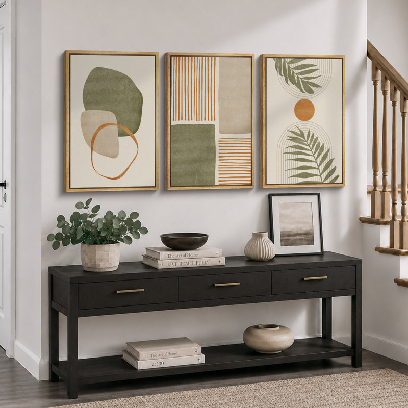 «Mid Century Modern Boho», feuille organique tropicale organique, images chaudes abstraites neutres, impression sur toile encadrée, 3 pièces