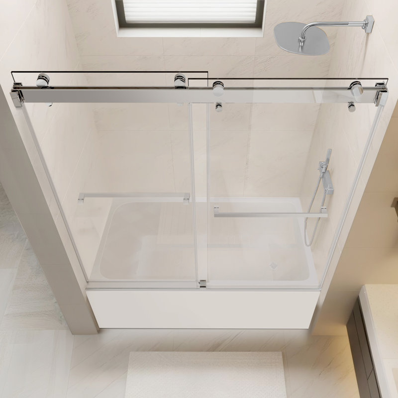 60"W x 60"H Sliding Shower Door, 3/8”(10mm) Tempered Glass, Stainless Steel Track, Smooth Glide with Buffer, Adjustable 4” Range, Left/Right Installation