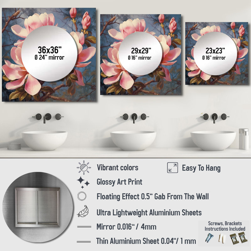 Karalyne - Art mural miroir floral carré blanc Magnolias Elegance, 23 po x 23 po