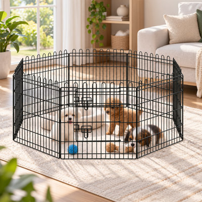 Scalloped Dog Playpen, 24-Inch Foldable Metal Pet Fence, 8-Panel Octagon Exercise Pen for Dogs, Single Door Indoor & Outdoor Garden Use, Easy Assembly(Black)