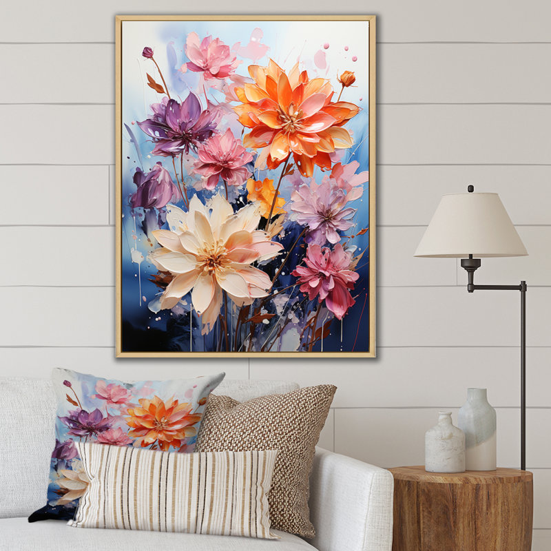 Chaye - fleurs saisonnières multicolores sur fond bleu I - impression, H 40 po x l 30 po x P 1,5 po, Cadre naturel flottant