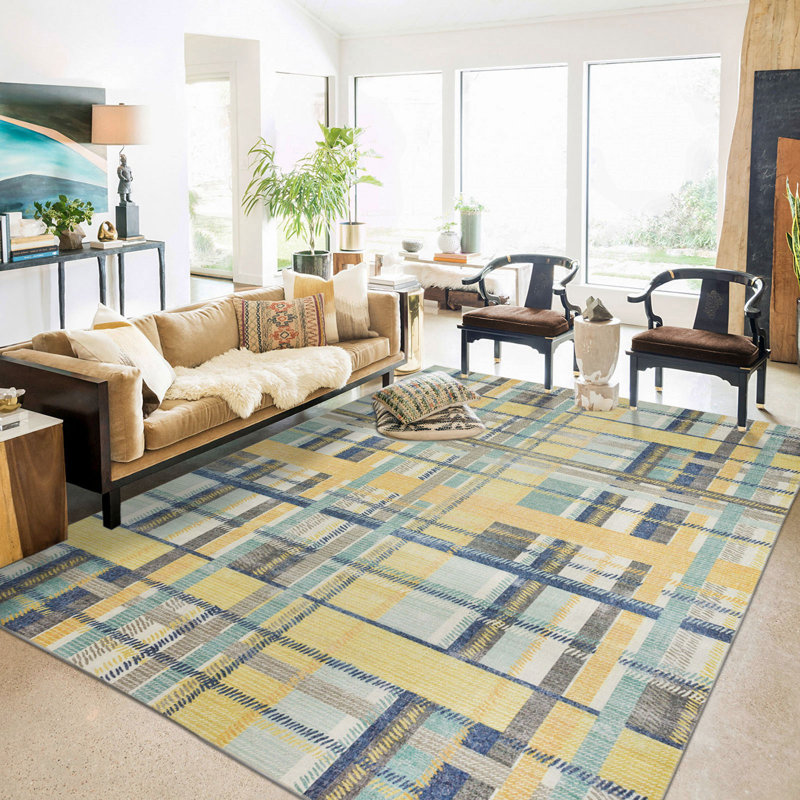 Blue and Yellow Abstract Washable Non-Slip Synthetic Rug