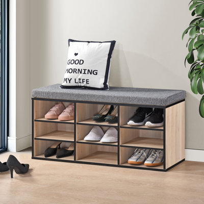 Shoe Storage Bench with Cushion, 9-Cubby Shoe Organizer with Adjustable Shelves for Entryway, Hallway, Mudroom or Bedroom