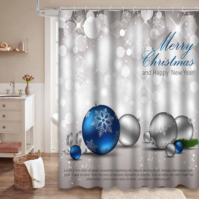 Elegant Christmas Holiday Happy New Blue Shower Curtain with 12 Hooks