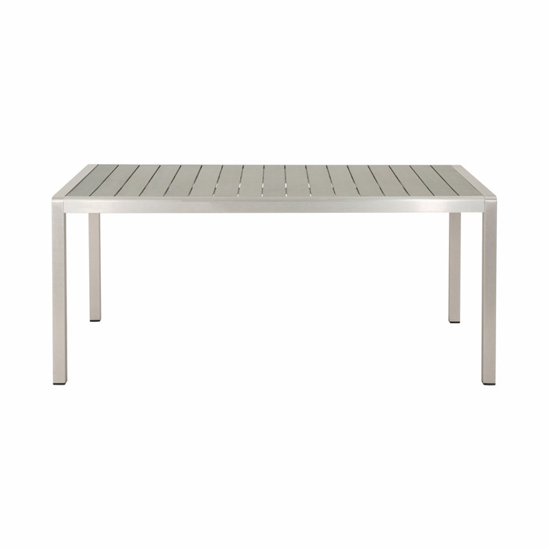 Table de salle à manger d'extérieur en aluminium avec plateau en faux bois, finition grise, gris