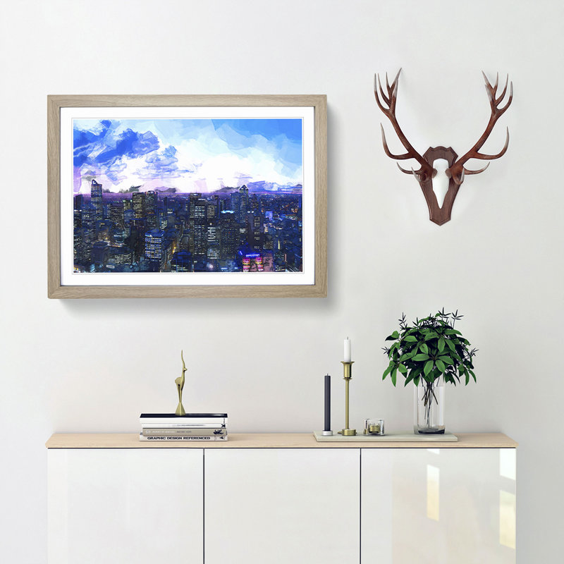 Melbourne Australia Skyline at Dusk in Abstract - Picture Frame Graphic Art Print, 27cm H x 36cm W x 2cm D, Oak Framed