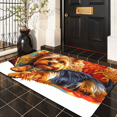  Tapis d'intérieur antidérapant pour l'extérieur, 20 po x 32 po, floral yorkshire terrier