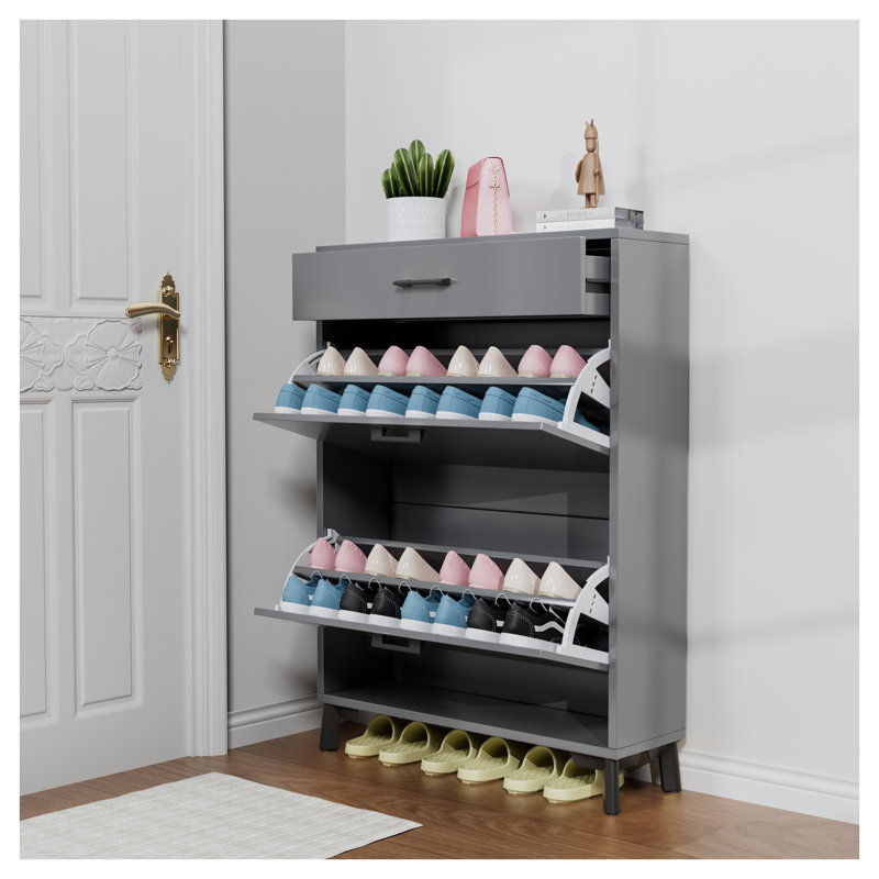 Armoire de rangement de chaussures grise pour le vestibule, organisateur de chaussures autoportant avec 2 tiroirs rabattables, étagère à chaussures dissimulée pour placard de porte d'entrée