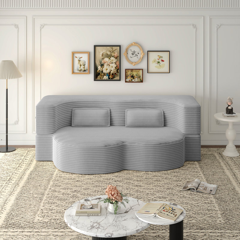 Canapé-lit moderne avec 2 coussins, canapé-lit en velours côtelé moelleux convertible, matelas pliant double de 15 po pour le salon, lit d'invité, sans assemblage requis, gris clair
