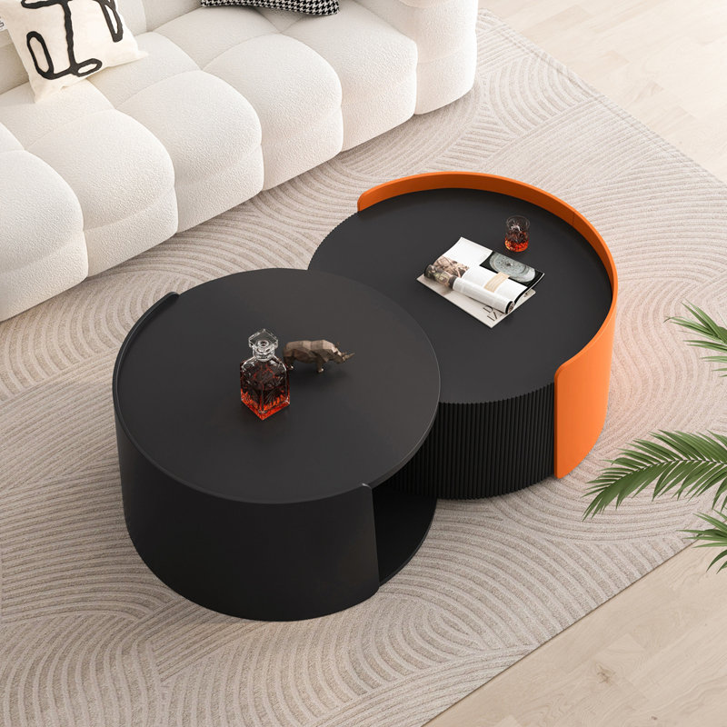 2 Pieces Round Nesting Tables and End Tables, Black/Orange, Black