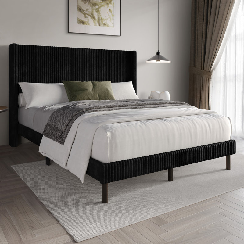 Duluth Upholstered Wingback Platform Bed, Black, Queen