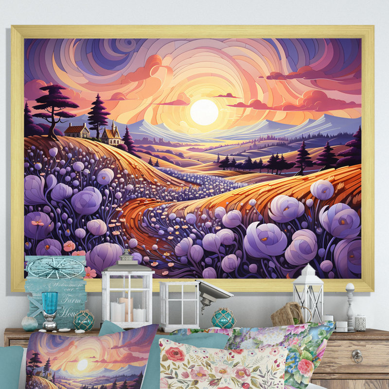 «Countryside The Violet Field III», reproduction sur toile, H 12 po x l 20 po x P 1 po, Encadrement doré