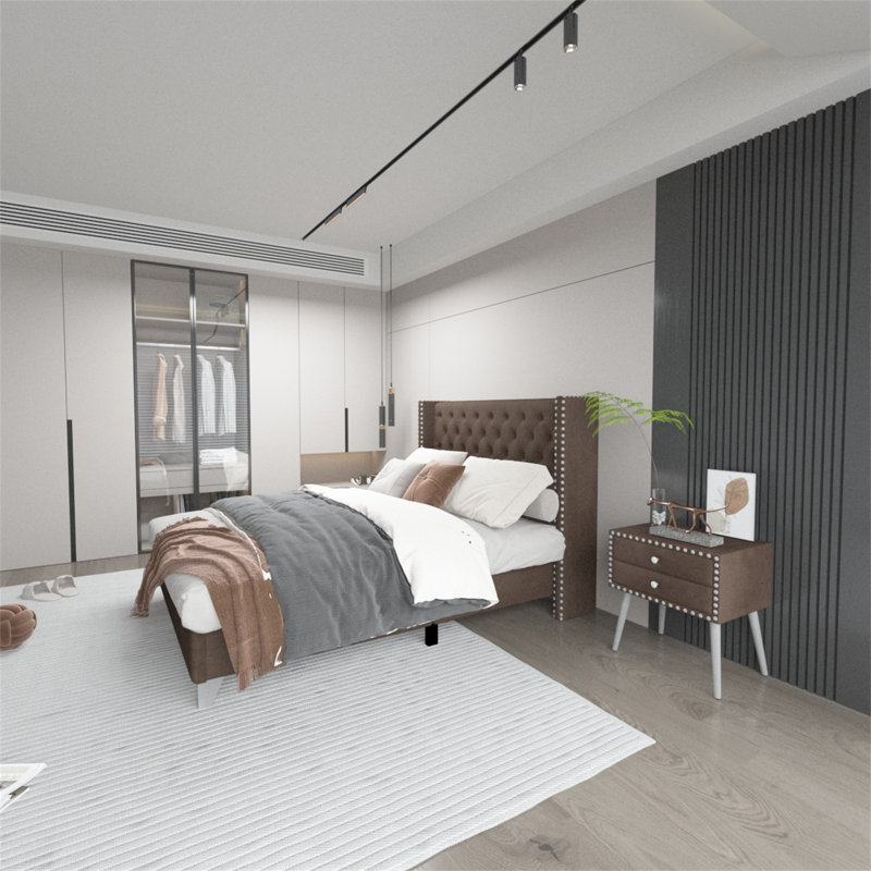 Ensemble de chambre avec lit plateforme 2 pièces, Grand, Brun