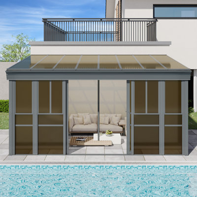 Véranda murale avec cadre en aluminium, véranda de jardin toutes saisons avec porte coulissante et gouttière, solarium extérieur permanent pour le jardin, patio.