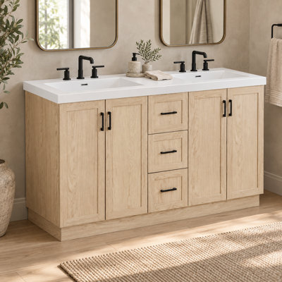 59" Double Bathroom Vanity with Integrated SMC Sink, 4-Door MDF Cabinet with 3 Drawers, Adjustable Shelves and Soft-Close Hardware, Natural Wood Grain